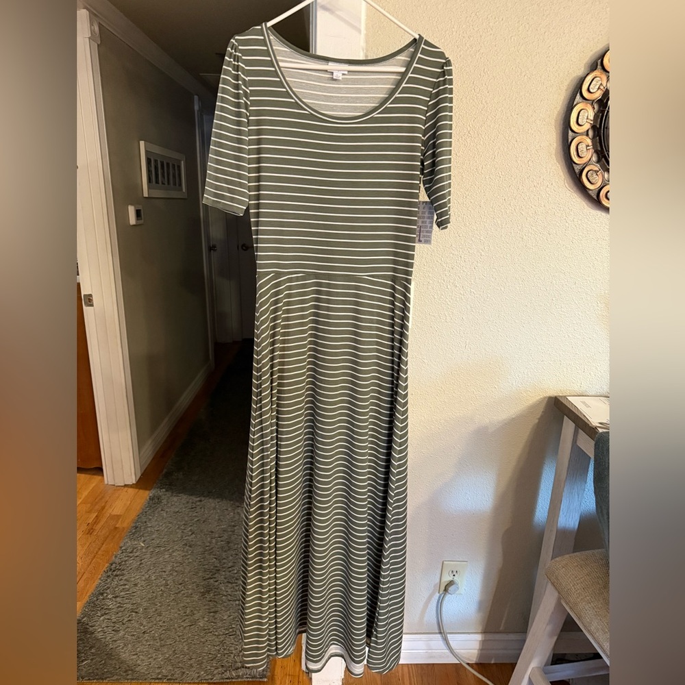 Lularoe Ana Maxi Dress Olive Green White Stripes size Large NWT